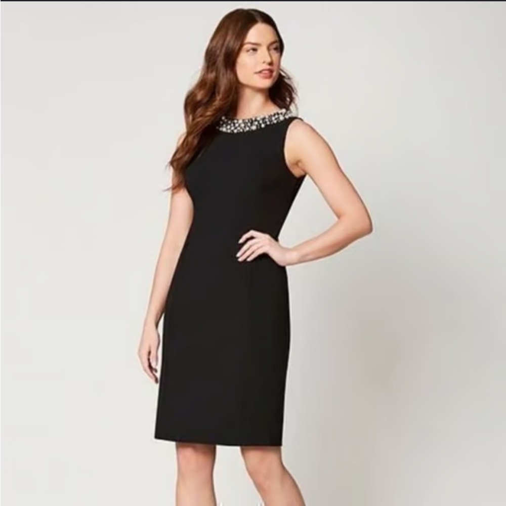 Calvin Klein Crepe Pearl Neckline Black Sleeveless Dress